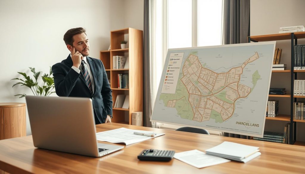 A serene and professional office environment with a focus on evaluating land loans. In the foreground, a thoughtfully arranged desk featuring a laptop with financial documents and a calculator. To the left, a well-dressed professional, wearing smart business attire, is examining a large map of shared land properties with a thoughtful expression. The middle ground contains a modern bookshelf filled with financial guides and a potted plant, creating a welcoming atmosphere. In the background, a large window allows soft, natural light to flood the room, enhancing the sense of clarity and focus. The overall mood is contemplative and hopeful, reflecting the process of assessing loan possibilities for shared land ownership.