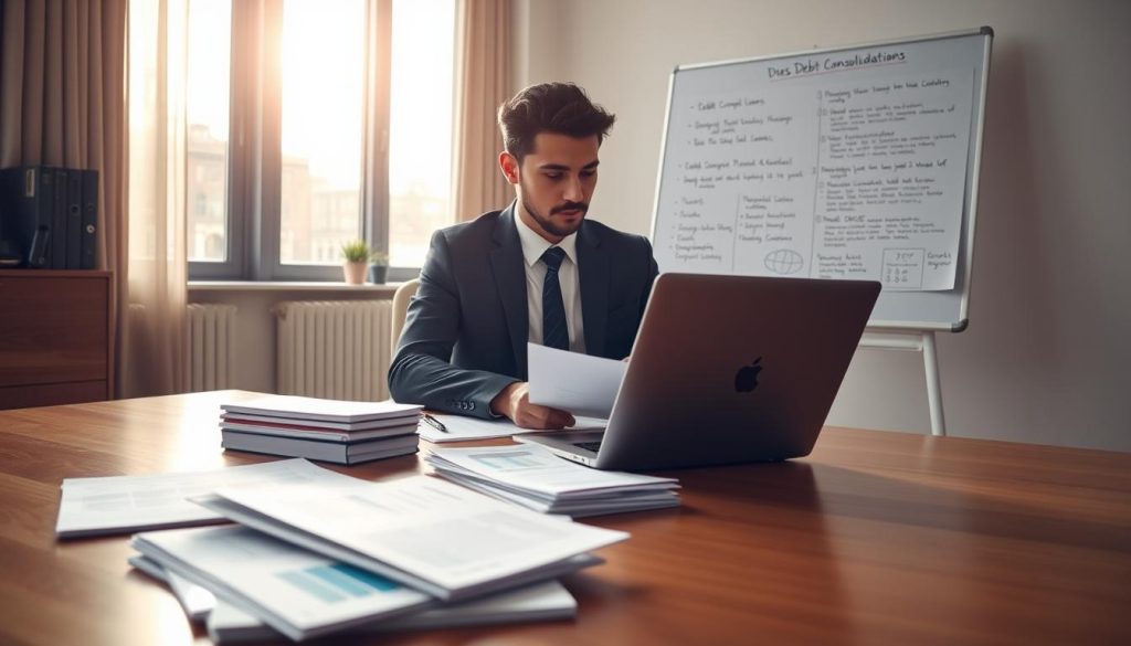 A serene and professional office setting featuring an individual, dressed in smart business attire, reviewing financial documents at a sleek wooden desk. In the foreground, neatly stacked papers and a laptop are visible, displaying charts and graphs related to debt consolidation. The middle ground captures a whiteboard filled with notes and strategies for managing personal loans, highlighting the advantages of debt consolidation. In the background, sunlight filters through tall windows, casting soft, warm light throughout the room, creating a calm and focused atmosphere. The overall mood conveys financial empowerment and clarity, with an emphasis on organization and strategic planning, perfect for illustrating the benefits of using personal loans for debt consolidation.