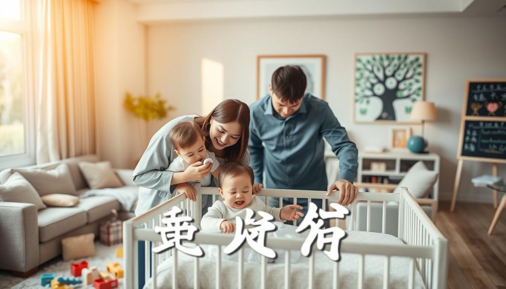 A serene family scene depicting the concept of "二胎" (second child) in a modern home setting. In the foreground, a professional couple, dressed in modest casual clothing, are joyfully interacting with their two children, a toddler and a baby in a crib, showcasing love and connection. The middle layer features a well-decorated living room with soft furnishings, children's toys scattered around, and warm sunlight streaming in through large windows, creating an inviting atmosphere. In the background, subtle hints of a family tree artwork and a chalkboard with children's drawings symbolize growth and unity. The lighting is soft and warm, evoking a sense of happiness and togetherness, with a slightly blurred focus for a dreamy effect.