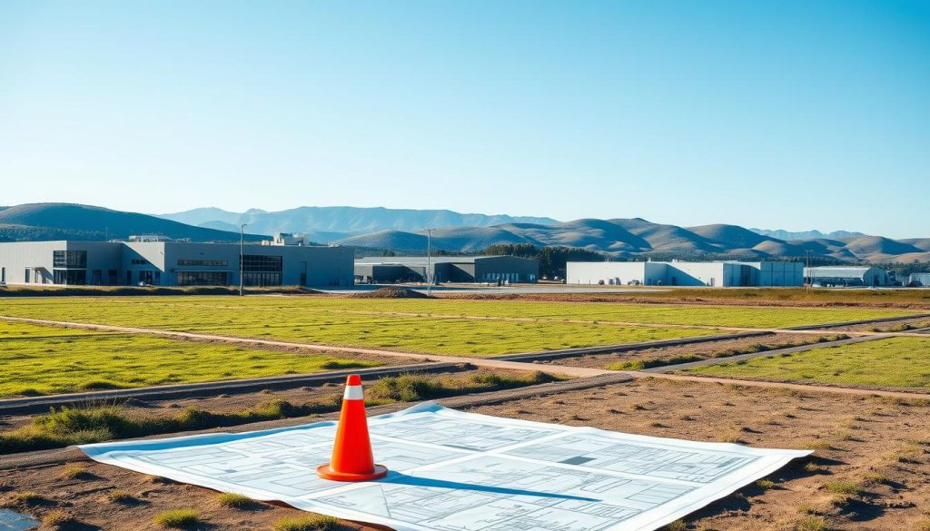 A serene industrial landscape featuring a modern industrial site with well-defined plots of land suited for development. In the foreground, there are neatly arranged construction markers and blueprints, representing planning for land use. The middle ground showcases several industrial buildings with large windows, warehouses, and storage facilities, emphasizing functionality. In the background, there are rolling hills and clear blue skies, capturing a sense of opportunity. Soft, natural lighting casts gentle shadows, creating a professional atmosphere. The scene should convey an air of compliance and order, highlighting the importance of strategic land utilization. A wide-angle view enhances the perspective, inviting the viewer to consider the potential of industrial land for investment.
