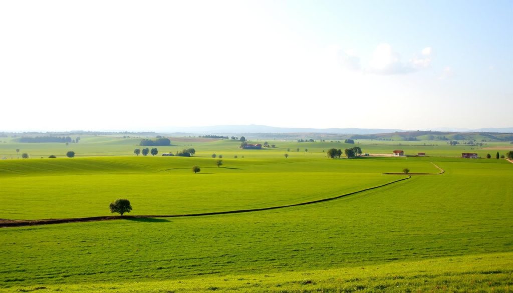 A serene landscape featuring a vast, open plot of land without any buildings, emphasizing the concept of land loans. In the foreground, there is a green expanse of farmland, with a gently rolling terrain and a few scattered trees. The middle layer includes a clear, bright sky, perhaps with a few fluffy white clouds, creating an optimistic atmosphere. The background showcases distant hills, adding depth to the scene. The lighting is warm and inviting, mimicking the soft glow of early morning or late afternoon sun, enhancing the land's potential. Capture this scene with a wide-angle lens to emphasize the open space, evoking a sense of opportunity and financial potential associated with land loans. The overall mood should be calm, hopeful, and professional.