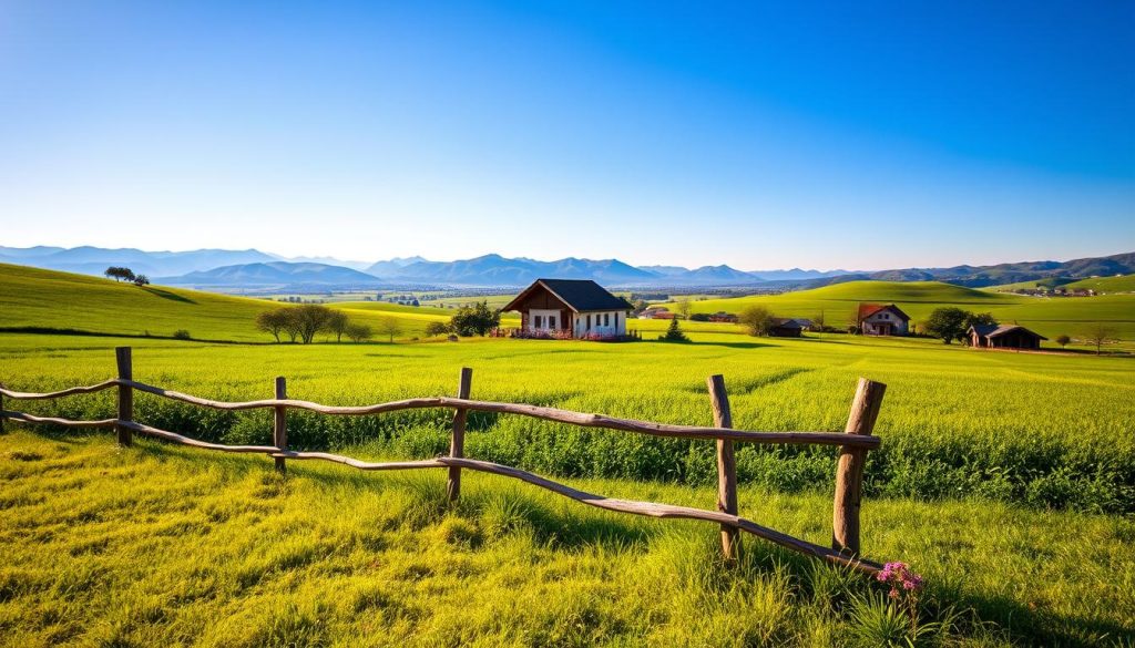 A serene landscape featuring ancestral land, with lush green fields and a distant mountain range under a clear blue sky. In the foreground, a well-maintained grassy plot with a rustic wooden fence, symbolizing tradition and heritage. In the middle ground, a modest traditional house with a sloped roof, surrounded by blooming flowers, showcasing cultural roots. The background features a peaceful valley with rolling hills, giving a sense of vastness and potential. Soft, warm sunlight bathes the scene, creating a welcoming atmosphere. The angle is slightly elevated, offering a panoramic view that conveys strength and stability, inviting the viewer to contemplate the financial possibilities associated with this ancestral land.