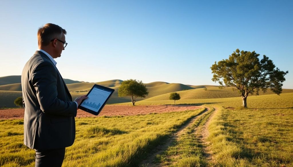 A serene landscape showcasing a plot of land with no buildings, surrounded by gentle hills and lush greenery under a clear blue sky. In the foreground, a well-dressed professional examines the land, holding a tablet displaying financial data, symbolizing the complexities of land financing. In the middle ground, a few trees provide shade, and a winding path guides the viewer's eye towards the horizon, depicting potential growth and opportunities. The background features lightly rolling hills, indicating a peaceful rural setting. The lighting is soft and warm, reminiscent of late afternoon, casting gentle shadows and creating a hopeful atmosphere. The composition emphasizes the challenges and considerations involved in financing vacant land while conveying a sense of optimism for future development.
