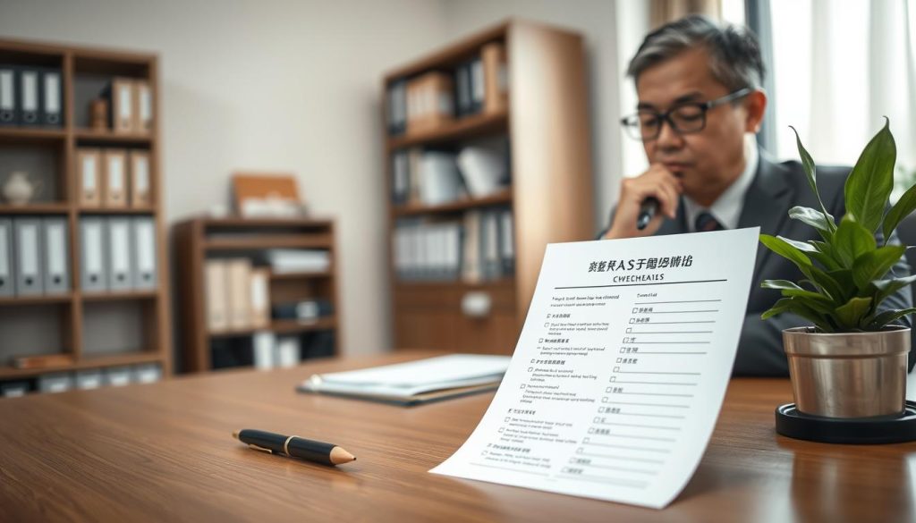 A serene office environment featuring a meticulously arranged self-assessment checklist on a wooden desk. The checklist, written in both English and Chinese, is neatly displayed alongside a stylish pen and a potted plant for a touch of greenery. In the foreground, a professional in business attire, a middle-aged Asian man, thoughtfully reviews the checklist, his expression focused and contemplative. The middle ground includes a blurred view of a bookshelf filled with financial books and documents relevant to home loans, hinting at the article’s themes. Soft, natural light filters in through a window, creating a warm and inviting atmosphere. The overall mood is one of professionalism, introspection, and readiness for informed decision-making. The angle is slightly elevated, capturing both the checklist and the individual’s thoughtful engagement.