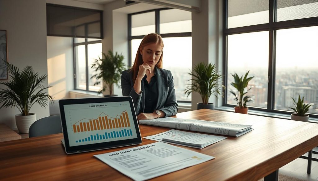 A serene office environment showcasing a modern workspace with a large wooden desk in the foreground. On the desk, a laptop is open displaying financial graphs, alongside documents related to land loan consolidation, such as charts indicating key conditions and eligibility criteria. In the middle ground, a thoughtful businesswoman in professional attire is analyzing the documents, her expression focused and engaged. Large windows in the background let in soft, natural light, creating a warm and inviting atmosphere. Potted plants add a touch of greenery to the space, while a cityscape is faintly visible outside, hinting at a dynamic urban setting. The overall mood is reflective and professional, suitable for a financial evaluation context. A serene office environment showcasing a modern workspace with a large wooden desk in the foreground. On the desk, a laptop is open displaying financial graphs, alongside documents related to land loan consolidation, such as charts indicating key conditions and eligibility criteria. In the middle ground, a thoughtful businesswoman in professional attire is analyzing the documents, her expression focused and engaged. Large windows in the background let in soft, natural light, creating a warm and inviting atmosphere. Potted plants add a touch of greenery to the space, while a cityscape is faintly visible outside, hinting at a dynamic urban setting. The overall mood is reflective and professional, suitable for a financial evaluation context.