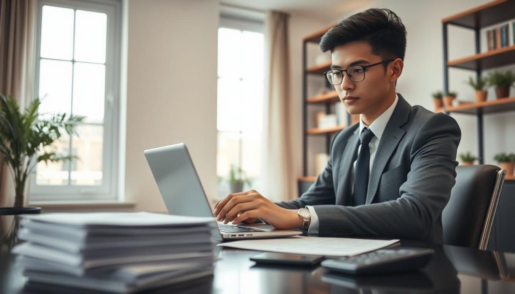 A serene office environment showcasing a thoughtful individual, a young adult in professional business attire, sitting at an elegant desk with a laptop open, analyzing a motorcycle loan application. In the foreground, a neatly stacked pile of documents and a calculator, indicating careful financial planning. The middle ground should feature a soft-focus window bringing in natural light, creating a warm and inviting atmosphere. In the background, shelves lined with books and small potted plants add a touch of greenery. The overall mood is one of contemplation and decision-making, with soft, diffused lighting emphasizing the reflective nature of the scene. The angle should be slightly from above, capturing both the subject's focused expression and the organized workspace around them. A serene office environment showcasing a thoughtful individual, a young adult in professional business attire, sitting at an elegant desk with a laptop open, analyzing a motorcycle loan application. In the foreground, a neatly stacked pile of documents and a calculator, indicating careful financial planning. The middle ground should feature a soft-focus window bringing in natural light, creating a warm and inviting atmosphere. In the background, shelves lined with books and small potted plants add a touch of greenery. The overall mood is one of contemplation and decision-making, with soft, diffused lighting emphasizing the reflective nature of the scene. The angle should be slightly from above, capturing both the subject's focused expression and the organized workspace around them.