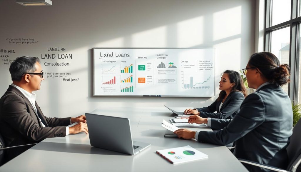 A serene office environment showcasing the concept of land loan consolidation. In the foreground, a diverse group of three professionals, two men and one woman, are engaging in a discussion, dressed in smart business attire. They are seated around a sleek conference table, with papers and a laptop open before them, illustrating financial documents and charts. In the middle ground, a large whiteboard displays key points about land loans and consolidation strategies, with colorful graphs and bullet points. The background features a wall adorned with motivational business quotes and a large window allowing soft natural light to illuminate the room, creating an atmosphere of cooperation and clarity. The overall mood is professional, analytical, and focused on financial solutions. A serene office environment showcasing the concept of land loan consolidation. In the foreground, a diverse group of three professionals, two men and one woman, are engaging in a discussion, dressed in smart business attire. They are seated around a sleek conference table, with papers and a laptop open before them, illustrating financial documents and charts. In the middle ground, a large whiteboard displays key points about land loans and consolidation strategies, with colorful graphs and bullet points. The background features a wall adorned with motivational business quotes and a large window allowing soft natural light to illuminate the room, creating an atmosphere of cooperation and clarity. The overall mood is professional, analytical, and focused on financial solutions.