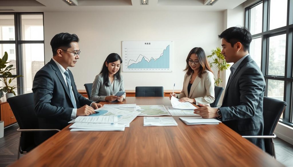 A serene office environment showcasing the concept of land loans, emphasizing the unique types available in Taiwan. In the foreground, a diverse group of three professionals in formal attire discuss documents and charts related to land financing. In the middle, a large wooden table is covered with various paperwork and maps, symbolizing land plots. A subtle financial graph is pinned on the wall behind them. The background features large windows with soft natural light filtering in, creating a warm, inviting atmosphere. The image should convey a sense of professionalism, collaboration, and expertise in land loan services, framed with a slightly blurred background to keep the focus on the main act of discussion. Use a wide-angle lens for a spacious feel. A serene office environment showcasing the concept of land loans, emphasizing the unique types available in Taiwan. In the foreground, a diverse group of three professionals in formal attire discuss documents and charts related to land financing. In the middle, a large wooden table is covered with various paperwork and maps, symbolizing land plots. A subtle financial graph is pinned on the wall behind them. The background features large windows with soft natural light filtering in, creating a warm, inviting atmosphere. The image should convey a sense of professionalism, collaboration, and expertise in land loan services, framed with a slightly blurred background to keep the focus on the main act of discussion. Use a wide-angle lens for a spacious feel.