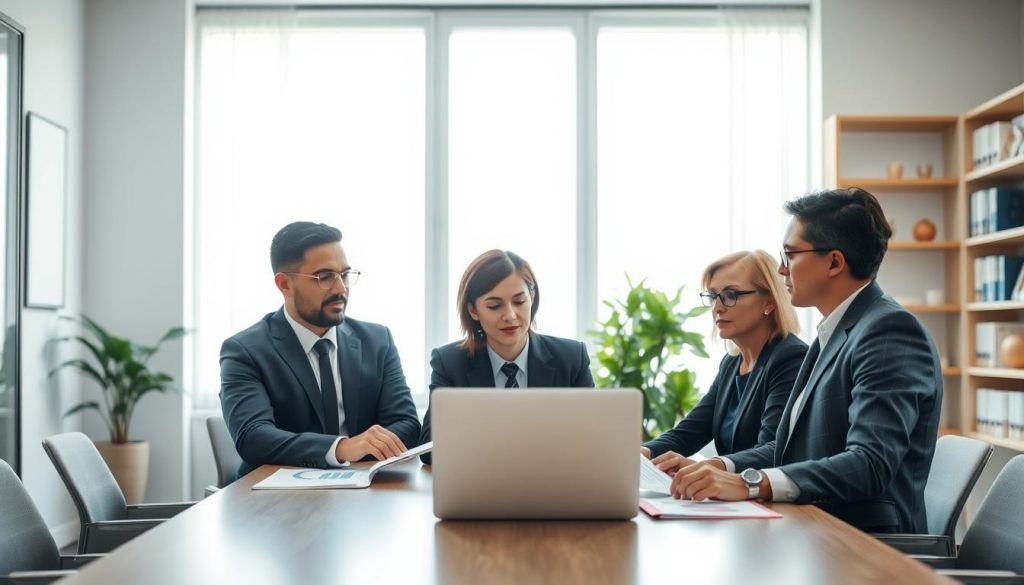 A serene office environment that embodies the concept of "stable income." In the foreground, a diverse group of three professionals—two men and one woman—dressed in smart business attire, are engaged in a focused discussion around a conference table. They are looking at financial documents and a laptop, displaying charts and graphs that symbolize financial stability. In the middle ground, a large window lets in soft, natural light, illuminating the space and creating a warm, inviting atmosphere. The background features shelves lined with books on finance, while a potted plant adds a touch of greenery. The overall mood is one of professionalism, collaboration, and confidence, emphasizing the essence of stability beyond just years of service.