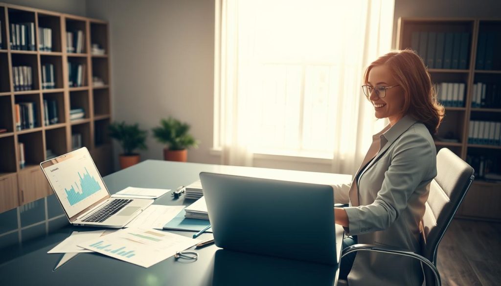 A serene office environment where a professional businesswoman sits at a sleek desk, reviewing financial documents related to land loan consolidation. In the foreground, the desk is cluttered with charts, graphs, and a laptop displaying a positive financial overview. The middle ground features a large window with natural light streaming in, illuminating the room and casting soft shadows. In the background, a bookshelf filled with financial and real estate books adds depth. The mood is optimistic and focused, conveying a sense of empowerment through effective financial management. Use soft, warm lighting to create an inviting atmosphere, with a depth of field that highlights the businesswoman while softly blurring the background elements. A serene office environment where a professional businesswoman sits at a sleek desk, reviewing financial documents related to land loan consolidation. In the foreground, the desk is cluttered with charts, graphs, and a laptop displaying a positive financial overview. The middle ground features a large window with natural light streaming in, illuminating the room and casting soft shadows. In the background, a bookshelf filled with financial and real estate books adds depth. The mood is optimistic and focused, conveying a sense of empowerment through effective financial management. Use soft, warm lighting to create an inviting atmosphere, with a depth of field that highlights the businesswoman while softly blurring the background elements.