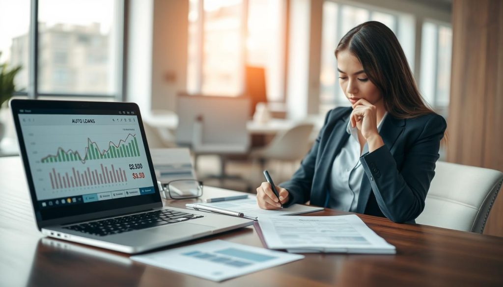 A serene office environment with a sleek wooden desk, a laptop open showing financial graphs and numbers, including the term "車貸剩餘本金" prominently displayed. In the foreground, a professional individual in business attire thoughtfully checking off items on a checklist, looking focused and determined. In the middle ground, charts and documents related to auto loans are neatly arranged, hinting at a financial assessment. The background features a modern office setting with soft, natural light filtering through large windows, creating a calm and productive atmosphere. Use a shallow depth of field to emphasize the subject, while maintaining clarity on the key details related to auto loan evaluation.