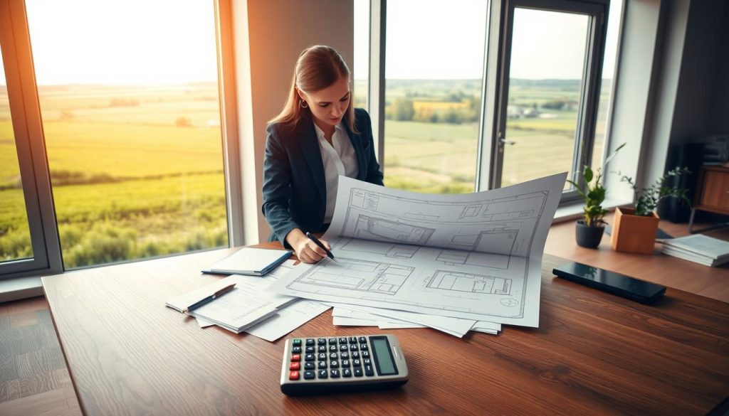 A serene office environment with a wooden desk in the foreground, cluttered with financial documents and a calculator, symbolizing land loan consolidation. In the middle ground, a professional woman in smart business attire, deeply focused, examines a blueprint of a property while highlighting key areas. In the background, large windows allow warm natural light to flood the room, showcasing an expansive view of green land outside, representing the potential of leveraging land for debt consolidation. The mood is thoughtful and conducive to planning, emphasizing the importance of strategic financial decisions. The image conveys a sense of professionalism and ambition, capturing the drive to utilize land as a financial tool. A serene office environment with a wooden desk in the foreground, cluttered with financial documents and a calculator, symbolizing land loan consolidation. In the middle ground, a professional woman in smart business attire, deeply focused, examines a blueprint of a property while highlighting key areas. In the background, large windows allow warm natural light to flood the room, showcasing an expansive view of green land outside, representing the potential of leveraging land for debt consolidation. The mood is thoughtful and conducive to planning, emphasizing the importance of strategic financial decisions. The image conveys a sense of professionalism and ambition, capturing the drive to utilize land as a financial tool.