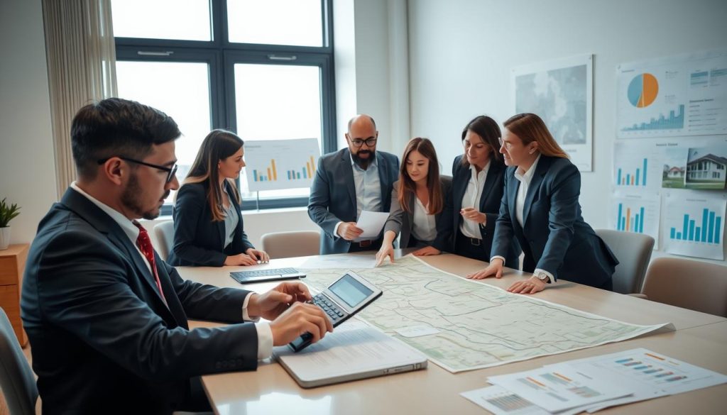 A serene office setting featuring a professional team conducting a property valuation meeting. In the foreground, a focused financial analyst, dressed in business attire, is analyzing a detailed property assessment report with a calculator and laptop open in front of them. In the middle, a diverse group of professionals, including a real estate agent and an appraiser, are discussing key factors impacting land valuation, pointing to a large map laid out on the table. In the background, large windows allow natural light to flood in, highlighting charts and graphs on the walls that represent market trends. The atmosphere is serious yet collaborative, embodying a sense of diligence and expertise in property valuation.