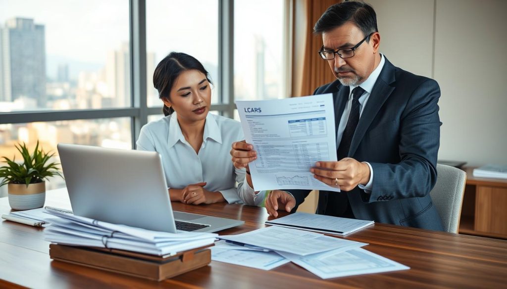 A serene office setting, featuring a wooden desk cluttered with financial documents and a laptop open to a car loan application. In the foreground, an Asian professional woman in business attire is discussing with a middle-aged man in a suit, examining a car valuation report together. They both appear focused and engaged, with expressions of determination and clarity. The background shows a cityscape view through a large window, with soft natural light filtering in, creating a warm and inviting atmosphere. The image captures a moment of collaboration and decision-making, emphasizing the importance of understanding different car loan types and their impact on loan utilization.