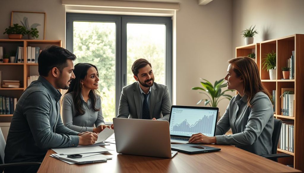 A serene office setting showcasing a professional business meeting focused on land loan consolidation. In the foreground, a diverse group of three professionals, two men and one woman, are engaged in a discussion, surrounded by documents and a laptop displaying financial graphs. The middle layer features a large window with soft, natural light streaming in, illuminating a lush green landscape outside, symbolizing growth and opportunity. The background includes a neatly arranged bookshelf filled with finance-related books and plants, creating a calm and productive atmosphere. Capture the mood of collaboration and strategic planning, with warm lighting and a clean, organized aesthetic. Use a slightly elevated angle to provide an overview of the scene, emphasizing teamwork and professionalism. A serene office setting showcasing a professional business meeting focused on land loan consolidation. In the foreground, a diverse group of three professionals, two men and one woman, are engaged in a discussion, surrounded by documents and a laptop displaying financial graphs. The middle layer features a large window with soft, natural light streaming in, illuminating a lush green landscape outside, symbolizing growth and opportunity. The background includes a neatly arranged bookshelf filled with finance-related books and plants, creating a calm and productive atmosphere. Capture the mood of collaboration and strategic planning, with warm lighting and a clean, organized aesthetic. Use a slightly elevated angle to provide an overview of the scene, emphasizing teamwork and professionalism.