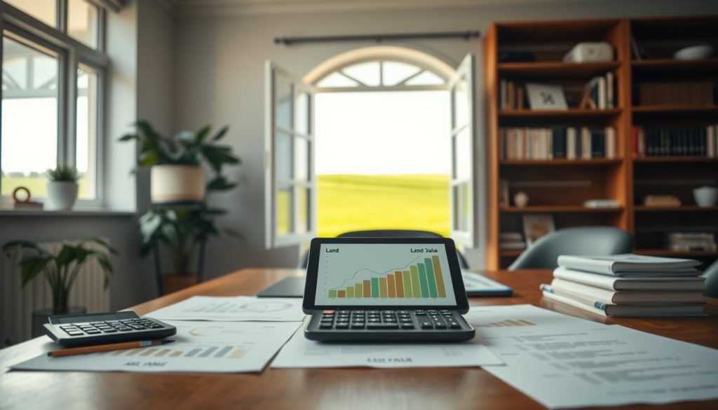A serene office setting with a focus on a wooden desk, neatly organized with financial documents and a calculator. In the foreground, a professional-looking tablet displays a graph and key metrics related to land loan amounts. The middle features an elegant, open window showcasing a view of lush green fields under bright daylight, symbolizing land value. In the background, shelves lined with books on finance and property economics provide context. Soft, natural lighting enhances the calm atmosphere, creating an air of professionalism and trust. The angle is slightly elevated, capturing both the paperwork and the inviting outdoor view, emphasizing the relationship between land and financial assessment.