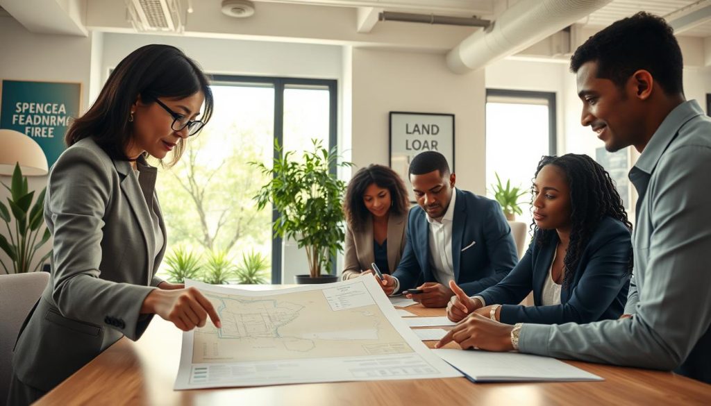 A serene urban landscape showcasing a group of diverse professionals gathered around a large table in an open office space, engaged in discussion about land loan agreements. In the foreground, a middle-aged Asian woman in business attire points to a detailed blueprint of shared land, while a young Black man reviews financial documents. The middle area features a bright window providing natural light, showcasing green trees outside, symbolizing growth and partnership. In the background, modern office decor, with plants and motivational artwork, conveys a sense of collaboration. The mood is professional and focused, with soft, warm lighting enhancing a sense of teamwork and trust. The image composition is wide-angle to capture the teamwork dynamics without any distractions or text. A serene urban landscape showcasing a group of diverse professionals gathered around a large table in an open office space, engaged in discussion about land loan agreements. In the foreground, a middle-aged Asian woman in business attire points to a detailed blueprint of shared land, while a young Black man reviews financial documents. The middle area features a bright window providing natural light, showcasing green trees outside, symbolizing growth and partnership. In the background, modern office decor, with plants and motivational artwork, conveys a sense of collaboration. The mood is professional and focused, with soft, warm lighting enhancing a sense of teamwork and trust. The image composition is wide-angle to capture the teamwork dynamics without any distractions or text.