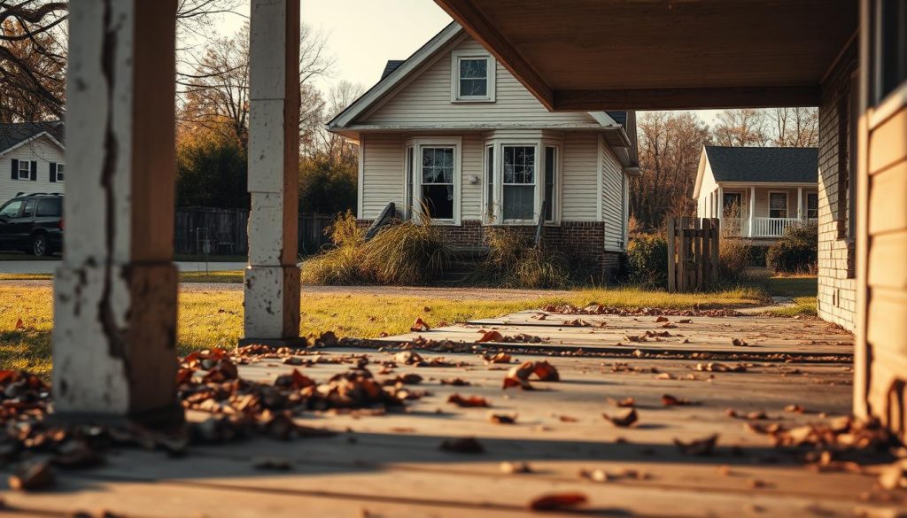 A serene yet contemplative scene showcasing a partially dilapidated house, highlighting its remnants of value. In the foreground, a weathered front porch is adorned with peeling paint and scattered leaves, suggesting neglect. The middle ground features the house itself, with cracked windows and overgrown grass, representing the concept of depreciation. In the background, a suburban landscape reveals nearby homes in better condition, blending the themes of comparison. Soft, natural lighting bathes the scene in a warm glow, creating a reflective and slightly melancholic mood. The angle is slightly downward, focusing on the house while allowing the neighborhood to frame the subject. The atmosphere invites viewers to ponder the implications of property value loss.