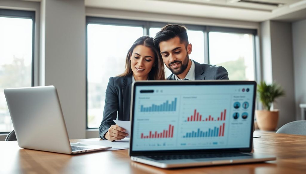 A serene yet focused office environment showcasing a financial health check. In the foreground, a diverse young professional couple, dressed in smart business attire, sits at a desk reviewing financial documents and charts. They appear engaged and thoughtful as they discuss important aspects of car loan preparation. In the middle ground, a laptop displays graphs and financial metrics, symbolizing a thorough finance assessment. The background features a large window allowing soft, natural light to filter in, creating an uplifting atmosphere. The overall mood is one of determination and optimism, emphasizing financial readiness. The scene is captured from a slightly elevated angle, highlighting the couple's expressions and the tools they are using for their financial diagnostic.