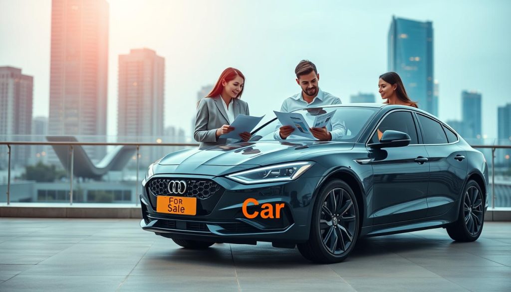 A sleek, modern car in the foreground, displaying a "For Sale" sign with the words "Car Loan Rates" prominently highlighted. The middle ground features a confident young couple in professional business attire, engaged in a discussion while analyzing financial documents and charts. The background is a contemporary cityscape with tall buildings and bright lights, symbolizing financial opportunities. Soft, warm lighting enhances the scene, creating an optimistic atmosphere. The camera angle is slightly elevated, giving a clear view of the couple and the car, emphasizing the balance between personal finance and vehicle ownership. The overall mood conveys determination and professionalism, illustrating the thoughtful consideration of car loan rates beyond just monthly payments.
