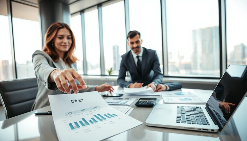 A sleek, modern office setting where a professional businesswoman in formal attire is discussing financial documents with a well-dressed businessman. In the foreground, a close-up focus on hands pointing at a financial chart demonstrating “可動用額度” with clear numerical indicators. The middle ground includes a large table filled with business reports, calculators, and a laptop displaying graphs. The background features a large window with cityscape views, allowing soft, natural light to illuminate the scene, creating a warm yet professional atmosphere. The angle captures the expression of focused engagement as they analyze the figures, emphasizing the importance of understanding loan amounts before negotiations. A sleek, modern office setting where a professional businesswoman in formal attire is discussing financial documents with a well-dressed businessman. In the foreground, a close-up focus on hands pointing at a financial chart demonstrating “可動用額度” with clear numerical indicators. The middle ground includes a large table filled with business reports, calculators, and a laptop displaying graphs. The background features a large window with cityscape views, allowing soft, natural light to illuminate the scene, creating a warm yet professional atmosphere. The angle captures the expression of focused engagement as they analyze the figures, emphasizing the importance of understanding loan amounts before negotiations.