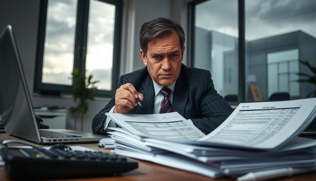 A somber office environment where a concerned finance officer in professional business attire reviews a stack of overdue auto loan documents. The foreground features a cluttered desk with a calculator and a laptop displaying a financial spreadsheet. In the middle, the officer's furrowed brow indicates worry while they hold a pen, poised to make notes. The background shows a window with overcast skies, reflecting a mood of uncertainty and tension. Soft, diffused lighting illuminates the scene, emphasizing the gravity of the situation. The atmosphere feels serious and reflective, highlighting the implications of missed payments and financial strain.