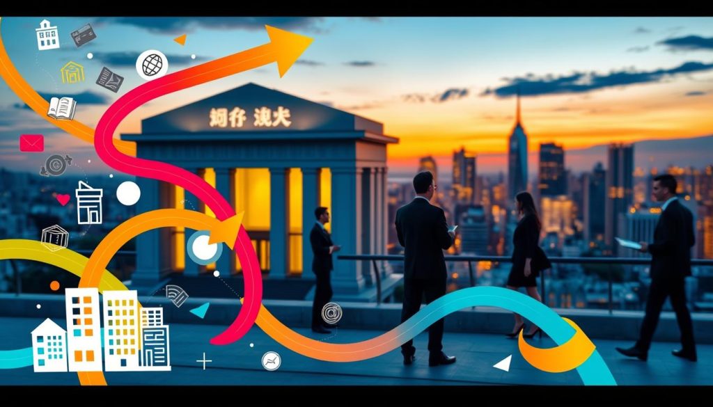 A sophisticated and visually striking illustration depicting the concept of "資金動線" (capital flow in financing). In the foreground, dynamic arrows symbolizing financial movement in vibrant colors intertwine with icons representing various loan purposes—such as buildings for real estate, machinery for business expansion, and educational symbols for personal loans. The middle ground features a large, modern bank building, showcasing professional individuals in business attire engaged in discussions, exuding collaboration and negotiation. The background showcases a city skyline at dusk, with warm lighting accentuating the professional setting. The overall mood is one of ambition, clarity, and professionalism, emphasizing the importance of understanding financing flows for successful loan negotiation. The image is well-composed with a balanced focus on elements, captured with a soft depth of field to maintain clarity on the foreground details. A sophisticated and visually striking illustration depicting the concept of "資金動線" (capital flow in financing). In the foreground, dynamic arrows symbolizing financial movement in vibrant colors intertwine with icons representing various loan purposes—such as buildings for real estate, machinery for business expansion, and educational symbols for personal loans. The middle ground features a large, modern bank building, showcasing professional individuals in business attire engaged in discussions, exuding collaboration and negotiation. The background showcases a city skyline at dusk, with warm lighting accentuating the professional setting. The overall mood is one of ambition, clarity, and professionalism, emphasizing the importance of understanding financing flows for successful loan negotiation. The image is well-composed with a balanced focus on elements, captured with a soft depth of field to maintain clarity on the foreground details.