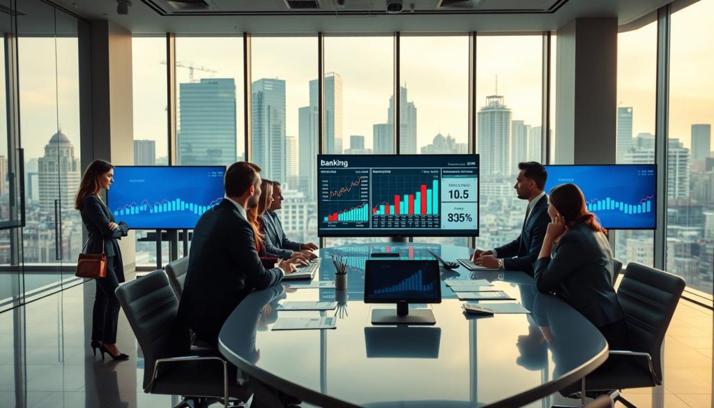 A sophisticated banking office interior, emphasizing the meticulous nature of credit assessment. In the foreground, a diverse group of professionals in business attire are engaged in focused discussions around a sleek, modern conference table with financial charts and graphs displayed on electronic screens. In the middle ground, a large digital dashboard highlights key risk classification metrics, showcasing various credit profiles and their impacts. In the background, large windows reveal a bustling city skyline, symbolizing financial activity. The scene is bathed in soft, natural light, emphasizing a serious yet collaborative atmosphere. Use a wide-angle lens to capture the expansive, dynamic environment, creating a sense of depth and engagement in the image.