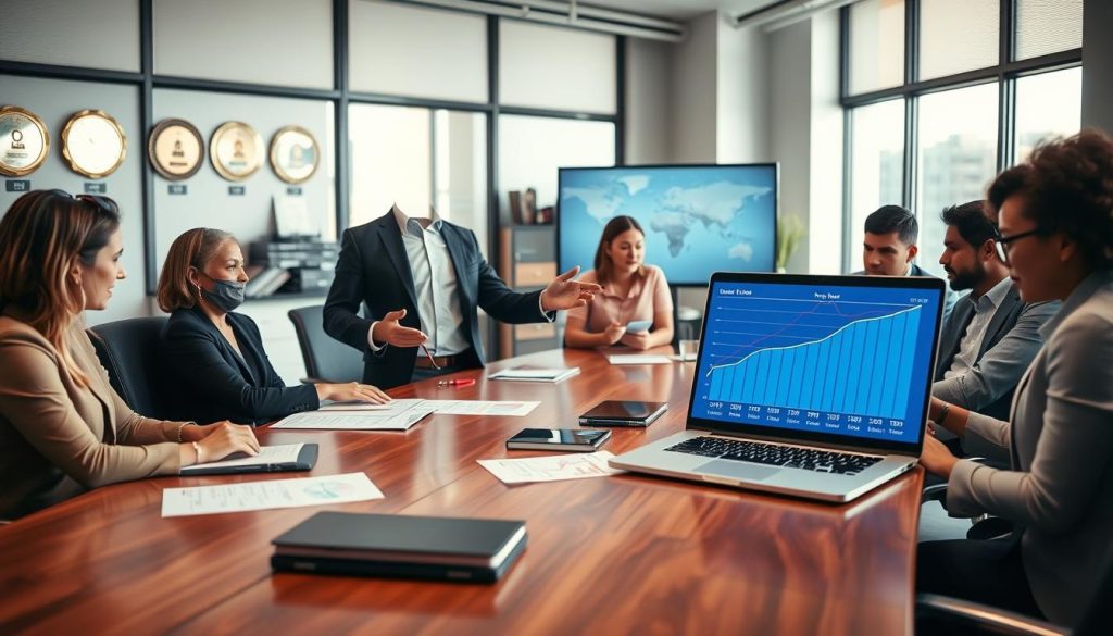 A sophisticated office environment fills the scene, showcasing a sleek wooden conference table adorned with financial documents and a laptop displaying charts. In the foreground, a confident professional in business attire gestures towards a digital screen displaying an upward-trending graph labeled "Interest Rate Floor." Surrounding them, diverse colleagues attentively take notes, creating a collaborative atmosphere. Soft, natural lighting from large windows casts a warm glow, enhancing the sense of focus and determination. The background features modern office decor with financial awards, creating an environment that symbolizes success in negotiation and lending. The overall mood is one of ambition and strategic planning, embodying the essence of personal loan negotiation tactics. A sophisticated office environment fills the scene, showcasing a sleek wooden conference table adorned with financial documents and a laptop displaying charts. In the foreground, a confident professional in business attire gestures towards a digital screen displaying an upward-trending graph labeled "Interest Rate Floor." Surrounding them, diverse colleagues attentively take notes, creating a collaborative atmosphere. Soft, natural lighting from large windows casts a warm glow, enhancing the sense of focus and determination. The background features modern office decor with financial awards, creating an environment that symbolizes success in negotiation and lending. The overall mood is one of ambition and strategic planning, embodying the essence of personal loan negotiation tactics.
