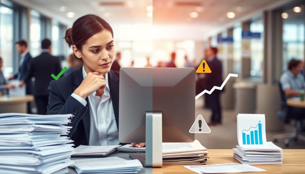 A split image showcasing the contrasting advantages and disadvantages of applying for personal loans from multiple banks. In the foreground, a professional person in business attire, looking at a computer screen, appears contemplative, surrounded by stacks of loan applications and banking documents. The middle section features visually distinct icons representing benefits, like a green check mark and a rising graph, on one side, while the other side displays concerns with caution symbols and a downward trend. In the background, a soft-focus image of a bustling bank office with large windows and natural light streaming in, creating a vibrant yet serious atmosphere. The overall mood conveys a sense of careful decision-making amidst the financial landscape.
