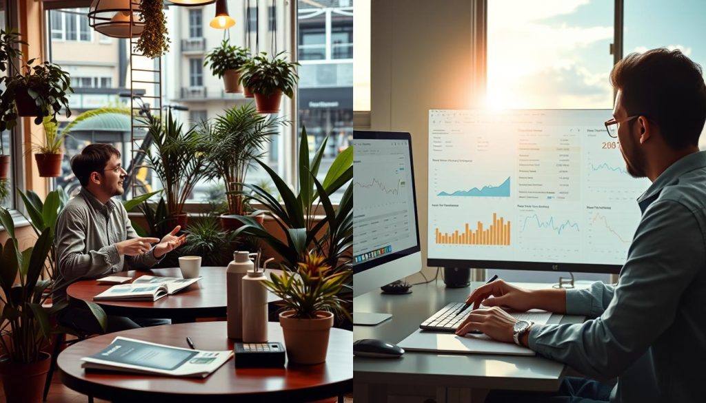 A split-screen image depicting two contrasting alternatives to motorcycle loans. On the left, a cozy urban café setting with a friendly conversation between two individuals discussing personal finance options over coffee, surrounded by potted plants and warm lighting. The foreground features a table with financial brochures and a calculator. On the right, an office environment where a person analyzes a computer screen filled with graphs and financial data, with a notepad and pen beside them. The lighting here is bright and professional, creating a focused atmosphere. The background blends different financial solutions, like public transport options and bicycle financing, all under a clear and uplifting sky. The overall mood is one of exploration and informed decision-making. A split-screen image depicting two contrasting alternatives to motorcycle loans. On the left, a cozy urban café setting with a friendly conversation between two individuals discussing personal finance options over coffee, surrounded by potted plants and warm lighting. The foreground features a table with financial brochures and a calculator. On the right, an office environment where a person analyzes a computer screen filled with graphs and financial data, with a notepad and pen beside them. The lighting here is bright and professional, creating a focused atmosphere. The background blends different financial solutions, like public transport options and bicycle financing, all under a clear and uplifting sky. The overall mood is one of exploration and informed decision-making.