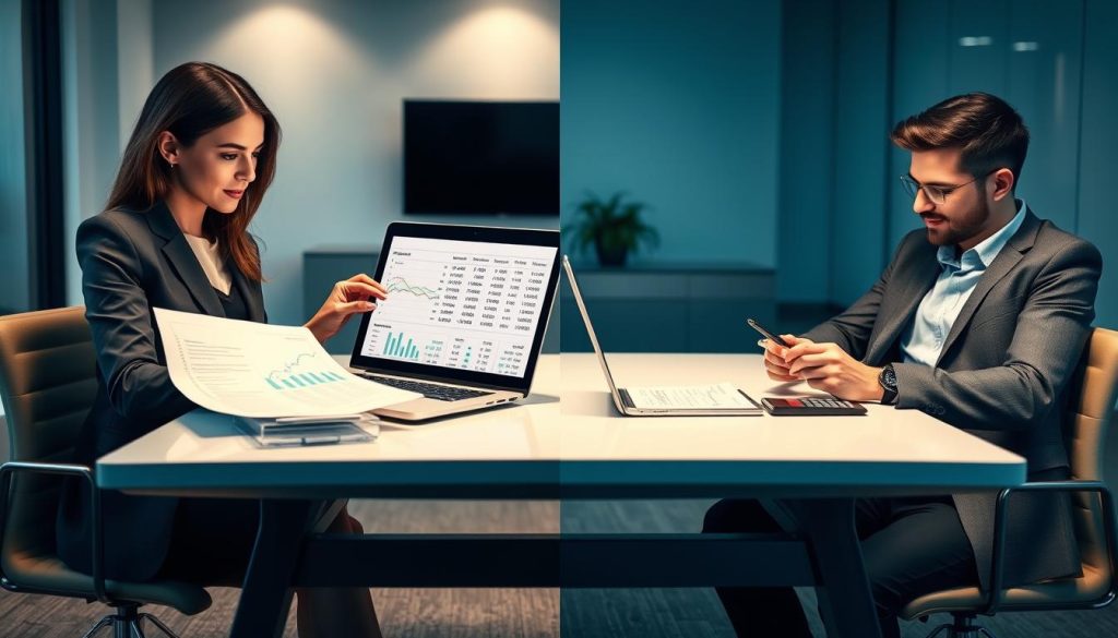 A split-screen image showcasing a detailed comparison of two personal loan plans. In the foreground, a sleek, modern desk is occupied by a laptop displaying financial graphs and tables, along with a calculator and notepad filled with handwritten notes. On the left side, a professional-looking woman in business attire analyzes loan options with a focused expression, while on the right side, a man in a smart casual outfit examines the same data. The background features a contemporary office setting with soft, ambient lighting, enhancing a studious atmosphere. The overall color palette is a blend of cool blues and warm neutrals, evoking clarity and professionalism, emphasizing the analytical nature of comparing loan offers effectively. A split-screen image showcasing a detailed comparison of two personal loan plans. In the foreground, a sleek, modern desk is occupied by a laptop displaying financial graphs and tables, along with a calculator and notepad filled with handwritten notes. On the left side, a professional-looking woman in business attire analyzes loan options with a focused expression, while on the right side, a man in a smart casual outfit examines the same data. The background features a contemporary office setting with soft, ambient lighting, enhancing a studious atmosphere. The overall color palette is a blend of cool blues and warm neutrals, evoking clarity and professionalism, emphasizing the analytical nature of comparing loan offers effectively.