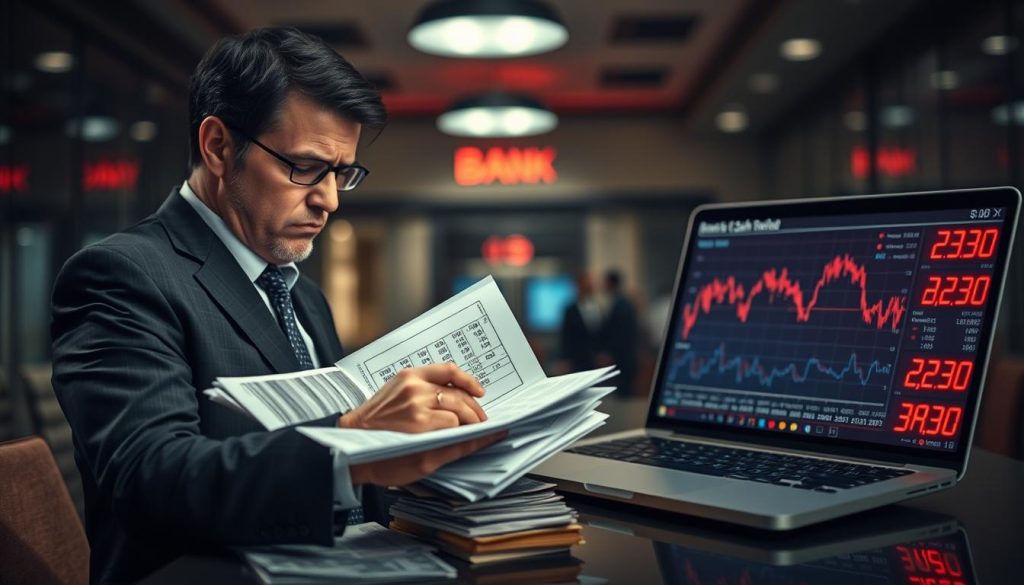 A strained financial scene depicting instability in cash flow. In the foreground, a worried business professional in a suit examines a stack of bills and financial statements, looking concerned. The middle ground features a laptop with fluctuating graphs and alarming red numbers representing debts and expenses, symbolizing financial stress. In the background, a blurred bank office setting with somber lighting creates a tense atmosphere, highlighting the gravity of financial uncertainty. Shadows cast by the overhead lights add depth to the scene, emphasizing the weight of the situation. The overall mood is serious and anxious, capturing the essence of unstable cash flow and the fear it instills in financial institutions. A strained financial scene depicting instability in cash flow. In the foreground, a worried business professional in a suit examines a stack of bills and financial statements, looking concerned. The middle ground features a laptop with fluctuating graphs and alarming red numbers representing debts and expenses, symbolizing financial stress. In the background, a blurred bank office setting with somber lighting creates a tense atmosphere, highlighting the gravity of financial uncertainty. Shadows cast by the overhead lights add depth to the scene, emphasizing the weight of the situation. The overall mood is serious and anxious, capturing the essence of unstable cash flow and the fear it instills in financial institutions.
