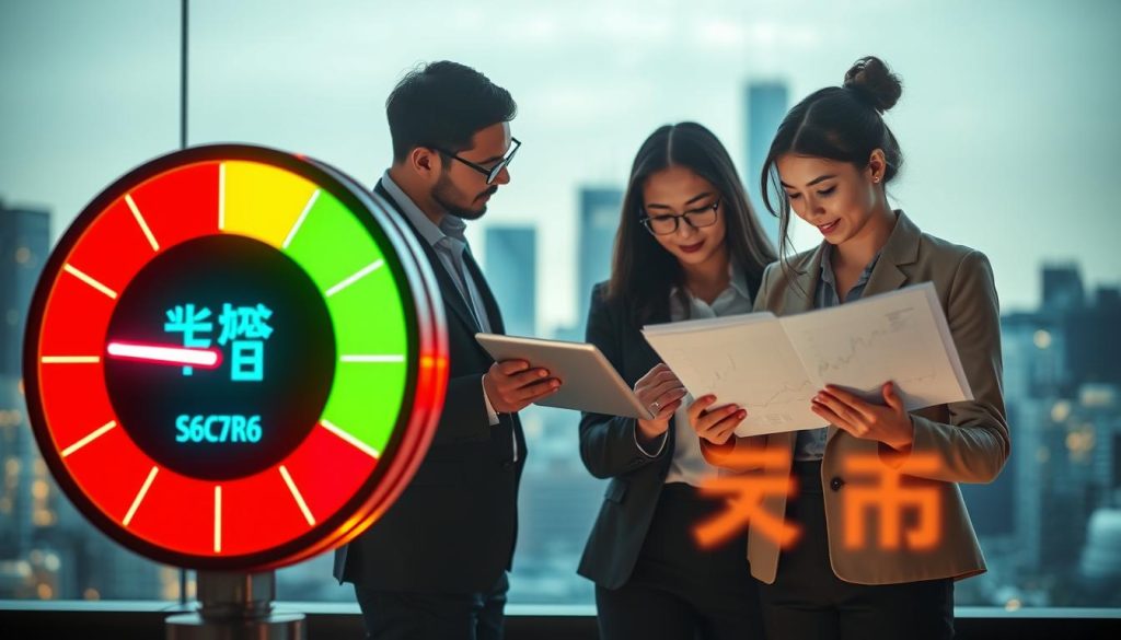 A stylized representation of a "信用分數" (credit score) concept. In the foreground, a large, digital score meter is shown, glowing with vibrant greens and reds, indicating various credit levels. In the middle, a diverse group of four professionals dressed in smart business attire are engaged in discussion, analyzing financial graphs and statistics on a tablet. The background features an abstract city skyline, softly blurred to emphasize the foreground, with a warm, inviting lighting that suggests a productive atmosphere. The scene conveys a sense of urgency and importance, highlighting key indicators for securing loans amidst financial obligations. The composition is shot from a slightly elevated angle to capture both the digital score and the professionals' expressions.