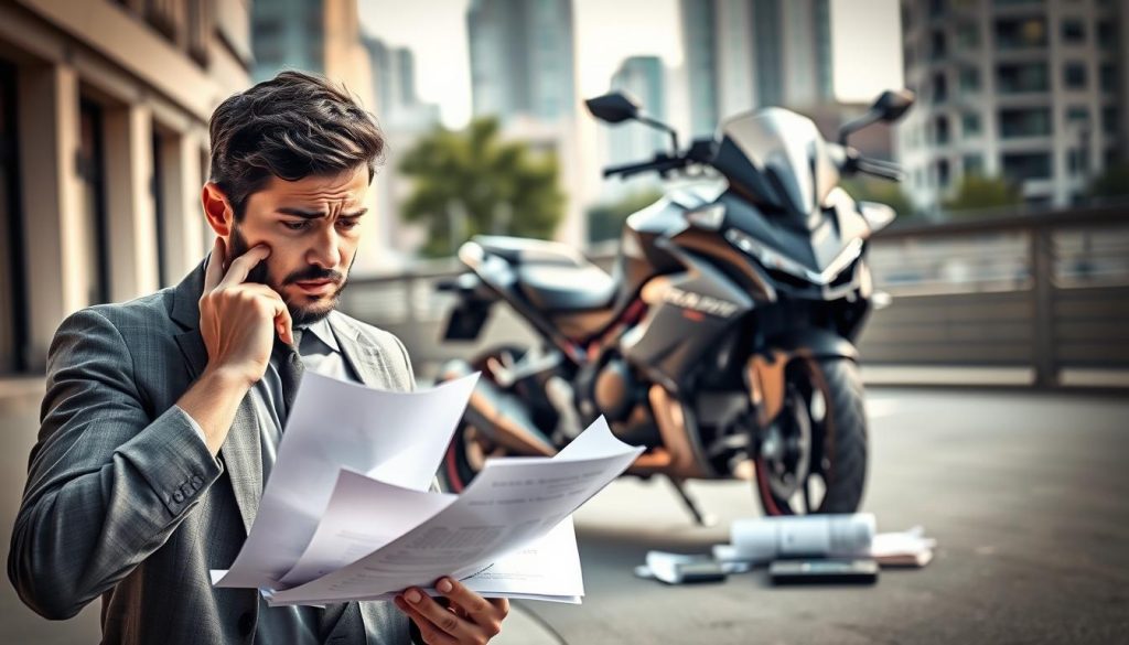 A thought-provoking image depicting the concept of "motorcycle loan risks." In the foreground, a worried individual dressed in professional business attire examines documents related to motorcycle financing, showcasing a concerned expression. In the middle ground, a sleek motorcycle stands prominently, with a calculator and financial documents scattered around it, symbolizing the complexity of loans. The background features a blurred urban landscape, hinting at a city environment where one might consider purchasing a motorcycle. The lighting is soft, with natural sunlight filtering through, casting gentle shadows to create a contemplative mood. The overall atmosphere conveys caution and consideration, encapsulating the challenges and risks associated with non-owner motorcycle loans. A thought-provoking image depicting the concept of "motorcycle loan risks." In the foreground, a worried individual dressed in professional business attire examines documents related to motorcycle financing, showcasing a concerned expression. In the middle ground, a sleek motorcycle stands prominently, with a calculator and financial documents scattered around it, symbolizing the complexity of loans. The background features a blurred urban landscape, hinting at a city environment where one might consider purchasing a motorcycle. The lighting is soft, with natural sunlight filtering through, casting gentle shadows to create a contemplative mood. The overall atmosphere conveys caution and consideration, encapsulating the challenges and risks associated with non-owner motorcycle loans.