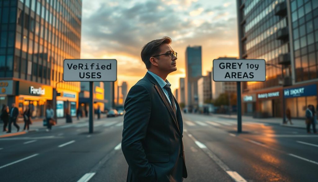 A thought-provoking scene set in an urban environment, showcasing a businessman in professional attire, standing at a crossroads that symbolize the complexities of financial decisions. In the foreground, the businessman is deep in thought, looking at two distinct paths ahead, one labeled 'Verified Uses' and the other 'Grey Areas', represented artistically. The middle ground captures a modern cityscape with various financial institutions and casual pedestrians, emphasizing daily life. The background features a dramatic sunset, casting warm light over the scene, creating a contrast between the clarity of legitimate finance and the ambiguity of grey areas. The atmosphere is contemplative and slightly tense, reflecting the gravity of financial choices. Soft focus on the edges to draw attention to the subject's expression and the symbolic paths.
