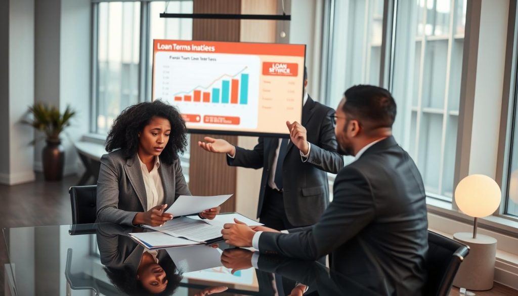 A thoughtful and visually engaging scene depicting a professional advising a client in a modern office setting. In the foreground, a diverse businesswoman, dressed in a smart business suit, sits across a sleek glass table, reviewing financial documents with concern on her face. In the middle, an experienced financial advisor, wearing a tailored suit, gestures toward a financial chart projected on a digital screen, illustrating varying loan terms and interest rates. The background shows contemporary office decor, with soft lighting illuminating the space from large windows, creating an atmosphere of professionalism. The overall mood conveys a mix of analysis and contemplation as they discuss loan options and the implications of extending repayment periods.