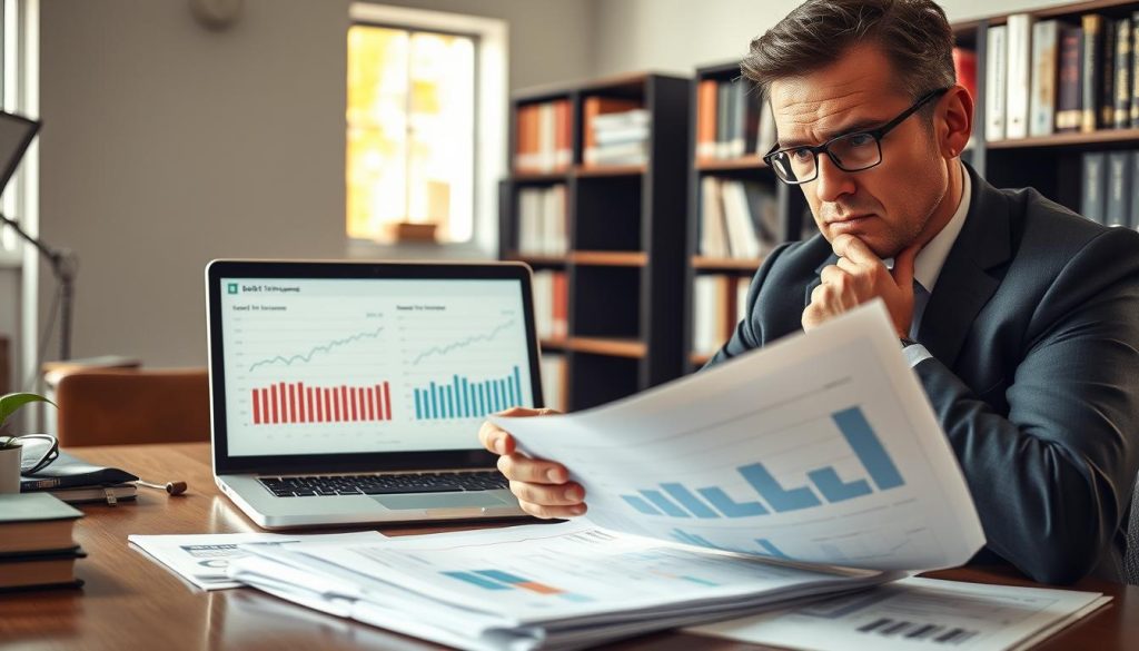 A thoughtful business professional, dressed in smart attire, sits at a desk surrounded by financial documents and charts. The foreground focuses on the individual, with a furrowed brow, analyzing a report displaying high debt-to-income ratios. In the middle, a laptop displays various financial graphs, with one clearly showing an upward trend in debt levels. The background features a modern office environment with shelves filled with books on finance and economics. Soft, natural sunlight filters through a window, casting a warm glow that contrasts with the serious mood of the scene. The atmosphere is one of contemplation and concern, emphasizing the gravity of managing high debt levels and personal finance.