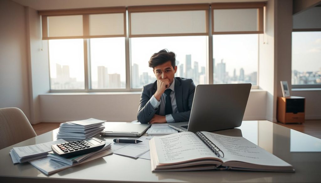 A thoughtful individual sitting at a modern desk covered with financial documents and a laptop, surrounded by stacks of bills and a calculator, symbolizing personal debt management. In the background, a large window reveals a city skyline under soft, natural lighting, creating a warm and contemplative atmosphere. The person is wearing professional business attire, focused on evaluating their finances. An open notebook displays handwritten notes about debt consolidation strategies. The room has minimalistic décor, enhancing the theme of financial clarity and organization. The overall mood is one of determination and reflection, highlighting the decision-making process about handling debt through personal loans.