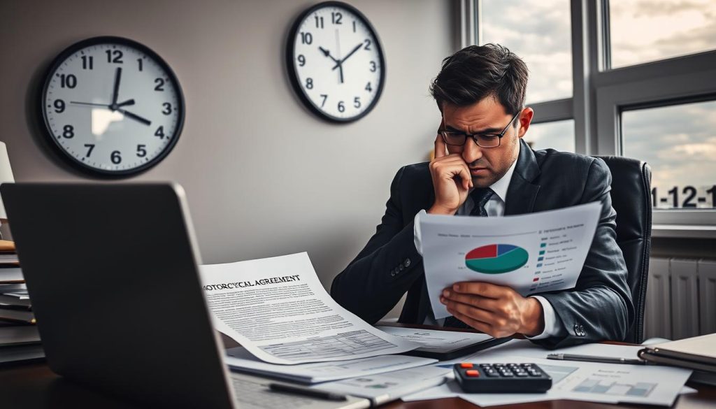A thoughtful scene depicting the risks of motorcycle loans, highlighting a worried individual in business attire, seated at a desk cluttered with financial documents, charts showing rising debt, and a calculator. In the foreground, the person stares at a motorcycle loan agreement with a concerned expression. The middle ground features an open laptop displaying a pie chart of costs and potential penalties for default. In the background, a wall clock emphasizes time constraints, and a large window shows a cloudy sky, adding to the tense atmosphere. Soft, moody lighting casts shadows, enhancing the sense of uncertainty and caution surrounding financial decision-making. A thoughtful scene depicting the risks of motorcycle loans, highlighting a worried individual in business attire, seated at a desk cluttered with financial documents, charts showing rising debt, and a calculator. In the foreground, the person stares at a motorcycle loan agreement with a concerned expression. The middle ground features an open laptop displaying a pie chart of costs and potential penalties for default. In the background, a wall clock emphasizes time constraints, and a large window shows a cloudy sky, adding to the tense atmosphere. Soft, moody lighting casts shadows, enhancing the sense of uncertainty and caution surrounding financial decision-making.