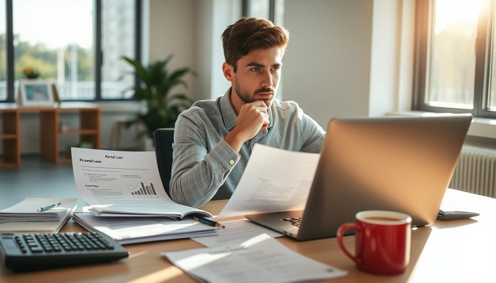 A thoughtful young professional seated at a modern office desk, surrounded by financial documents and a laptop, contemplating whether to apply for a personal loan. In the foreground, focus on the individual's pensive expression as they review a checklist of personal financial needs. The middle ground features a cluttered desk with a calculator, a cup of coffee, and notes on what constitutes a responsible loan. The background shows a large window letting in warm, soft sunlight, casting gentle shadows over the scene. Use bright, natural lighting to create a sense of clarity and focus. The atmosphere conveys a balance of urgency and contemplation, highlighting the importance of careful decision-making in personal finance.
