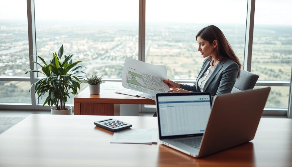 A tranquil, professional setting depicting the concept of land loans. In the foreground, a well-dressed woman examines a blueprint of a piece of land while seated at a sleek wooden desk, surrounded by documents and a calculator. In the middle ground, a potted plant adds a touch of nature, and a laptop is open showing a financial analysis spreadsheet. The background features a large window revealing a panoramic view of urban and rural landscapes, symbolizing the potential of land for development. Soft, natural lighting filters through the window, creating a warm and inviting atmosphere that conveys professionalism and opportunity. The image should evoke a sense of clarity and understanding about land loans, suitable for a financial discussion. A tranquil, professional setting depicting the concept of land loans. In the foreground, a well-dressed woman examines a blueprint of a piece of land while seated at a sleek wooden desk, surrounded by documents and a calculator. In the middle ground, a potted plant adds a touch of nature, and a laptop is open showing a financial analysis spreadsheet. The background features a large window revealing a panoramic view of urban and rural landscapes, symbolizing the potential of land for development. Soft, natural lighting filters through the window, creating a warm and inviting atmosphere that conveys professionalism and opportunity. The image should evoke a sense of clarity and understanding about land loans, suitable for a financial discussion.