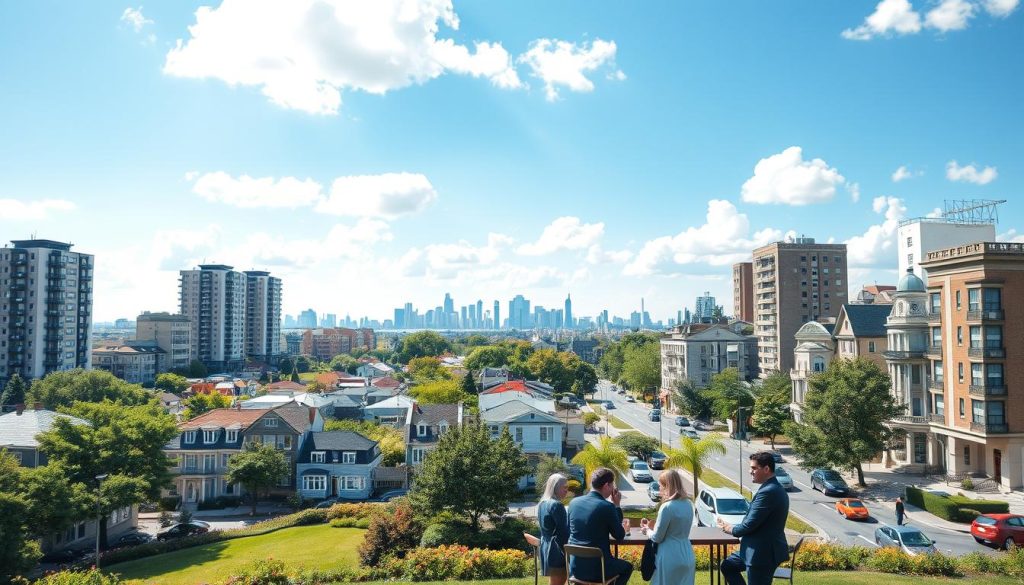 A vibrant urban landscape illustrating "地段流動性", featuring a diverse neighborhood with various types of buildings, including modern high-rises, older homes, and townhouses, showcasing distinct architectural styles. In the foreground, a well-maintained park with lush greenery and people in business casual attire discussing real estate over coffee. The middle ground displays busy streets with pedestrians and cars, symbolizing the dynamic nature of property markets. In the background, a skyline under a bright blue sky, with light filtering through fluffy white clouds, casting interesting shadows. The mood is lively and optimistic, representing the possibilities and challenges of property investment. Use a wide-angle lens to capture the full essence of the neighborhood, with soft, natural lighting to evoke a sense of community and growth.