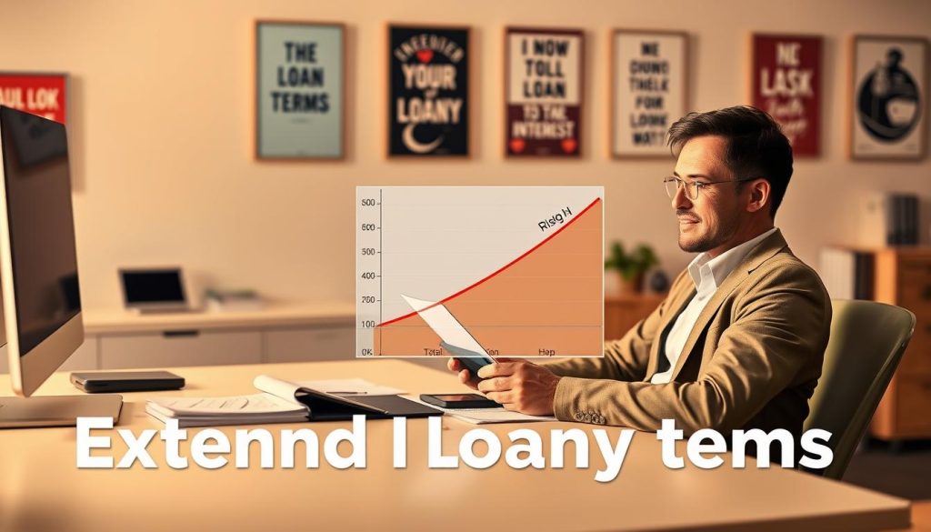 A visual representation illustrating the concept of extending loan terms. In the foreground, a relaxed individual in professional attire sits at a modern desk, reviewing financial documents and using a calculator, looking contemplative but optimistic. In the middle ground, a prominent visual element is a graph displaying two curves: one representing lower monthly payments and the other indicating rising total interest, with a contrasting color scheme to highlight the difference. In the background, a softly lit office environment with motivational posters on the wall creates an encouraging atmosphere. Use warm lighting to evoke a sense of hope and financial empowerment. The image should be clear and focused, emphasizing the juxtaposition of immediate relief and long-term consequence, with no text or distractions.