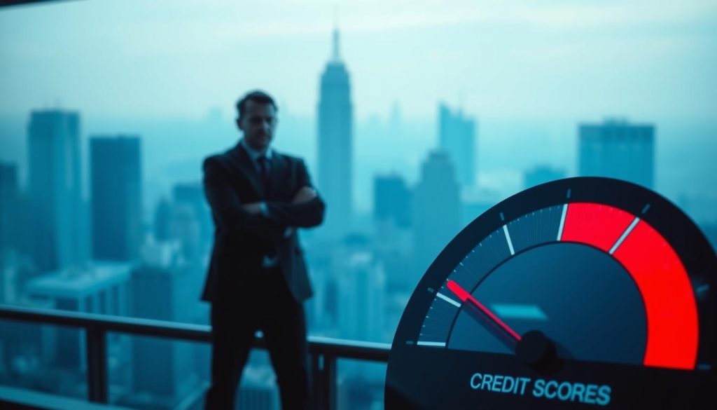 A visual representation of a low credit score concept, featuring an abstract digital display of a credit score gauge in the foreground, emphasizing a red zone to symbolize poor creditworthiness. In the middle ground, include a silhouette of a worried individual dressed in professional business attire, observing the gauge with a concerned expression. The background should depict a softly blurred cityscape, suggesting a financial environment, with cool blue tones enhancing the mood of uncertainty. Use soft, diffused lighting to create a contemplative atmosphere, and the angle should be slightly tilted, suggesting a sense of instability. The overall feel should convey caution and the importance of credit awareness without any text or distractions.
