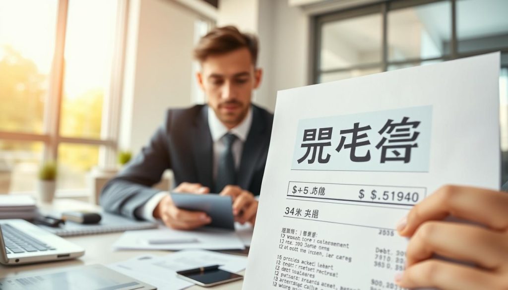 A visual representation of personal credit management, featuring a close-up of a financial document displaying the "負債比" (debt-to-income ratio) in clear, bold numbers. In the foreground, a professional individual in business attire is reviewing the document with a focused expression, using a calculator. The middle ground includes a softly blurred desk cluttered with financial papers, a laptop, and a credit card, symbolizing financial planning. The background shows a bright, modern office with large windows allowing daylight to pour in, creating a warm and optimistic atmosphere. The lighting is bright yet soft, enhancing the professionalism of the scene. The angle is slightly above eye level, providing a comprehensive view of the financial context and the importance of managing debt wisely.