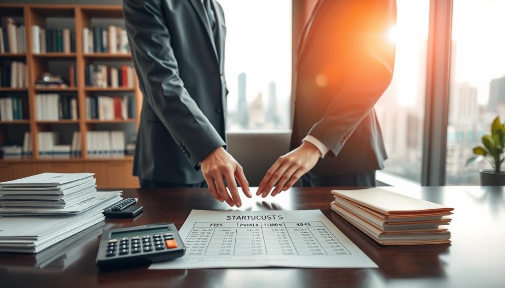 A visual representation of "開辦費" (startup costs) in a modern financial setting. In the foreground, an elegant office desk with neatly stacked financial documents and a calculator displaying numbers. A pair of professionally dressed hands (in business attire) are discussing over a detailed chart showing fees and interest rates. In the middle, a large window allows soft, natural light to illuminate the space, creating a bright and optimistic atmosphere. The background features a bookshelf filled with financial books and a subtle city skyline through the glass, enhancing the context of finance and business decisions. The overall mood is professional and informative, reflecting the importance of understanding all costs associated with loans.