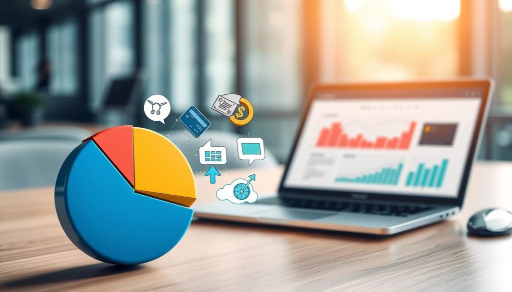 A visually appealing infographic showing the concept of "credit utilization" in a financial context. In the foreground, a stylized pie chart visualizing credit utilization rates, divided into sections representing various levels of usage. The middle layer features illustrative icons such as credit cards, money, and charts, symbolizing financial health and decision-making. In the background, a sleek office environment with a modern desk and a laptop displaying financial graphs, bathed in soft natural light for a professional atmosphere. The overall mood is informative and analytical, with a clean, polished aesthetic that suggests reliability and professionalism. No text, logos, or branding elements should be included.