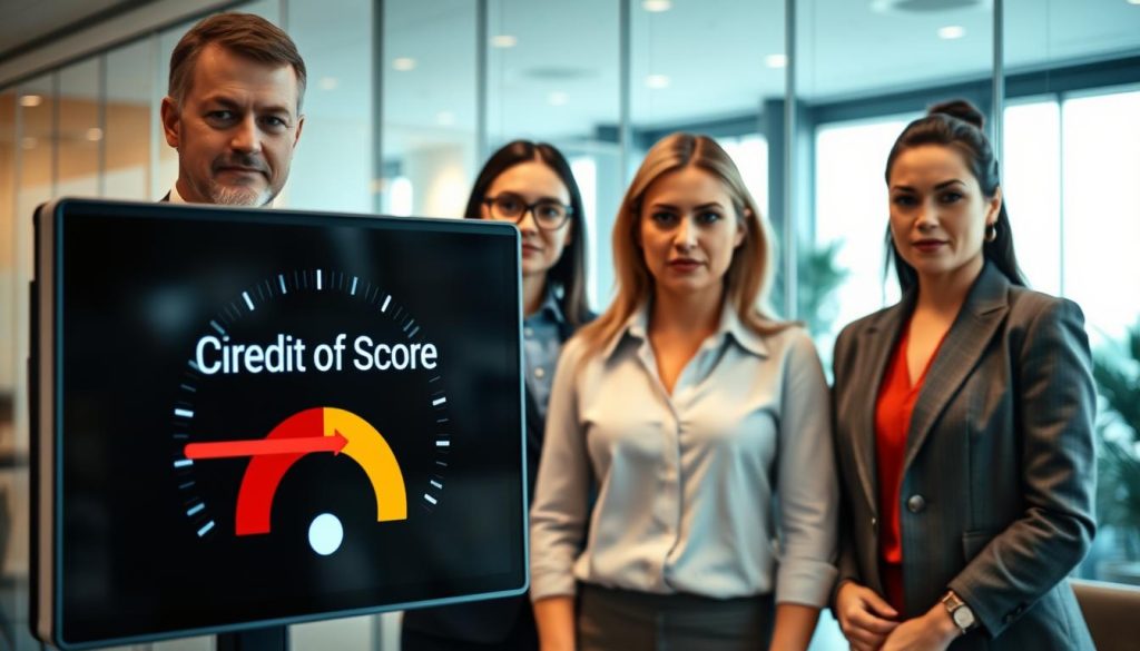 A visually compelling representation of a credit score concept in a professional setting. In the foreground, display a digital screen featuring a fluctuating credit score meter, with a red arrow indicating a potential drop. In the middle, place a diverse group of professionals—two men and two women—dressed in business attire, discussing the implications of late payments, with serious expressions. The background should include a modern office environment with glass walls and soft, warm lighting that conveys a sense of urgency and concern regarding financial health. Use a slightly elevated angle to capture the faces of the professionals clearly, creating a mood that reflects the gravity of financial decisions.
