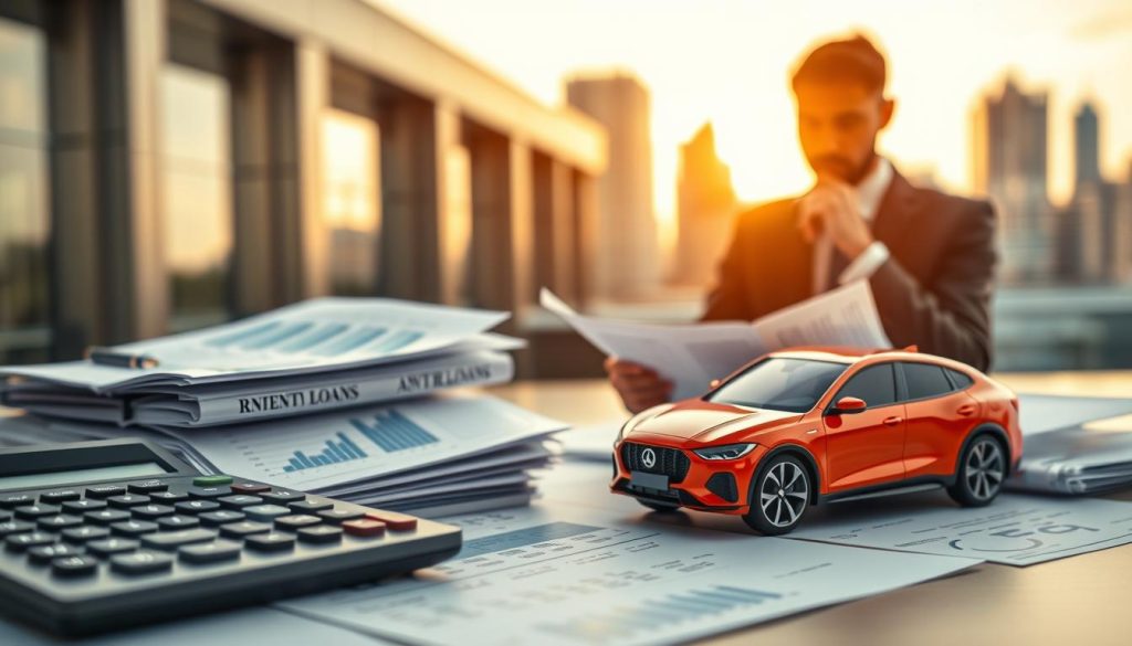 A visually engaging and informative composition illustrating "car loan interest rates." In the foreground, display a close-up of a calculator and a stack of detailed financial documents that include graphs and charts related to car financing. In the middle, include a car model symbolizing the subject of loans, positioned next to a person in business attire analyzing the documents, showcasing a thoughtful expression. In the background, use a soft-focus cityscape, hinting at financial institutions, with warm natural lighting to create a professional atmosphere. The overall mood should convey clarity and professionalism, illustrating the concept of understanding car loan rates, terms, and total costs. A visually engaging and informative composition illustrating "car loan interest rates." In the foreground, display a close-up of a calculator and a stack of detailed financial documents that include graphs and charts related to car financing. In the middle, include a car model symbolizing the subject of loans, positioned next to a person in business attire analyzing the documents, showcasing a thoughtful expression. In the background, use a soft-focus cityscape, hinting at financial institutions, with warm natural lighting to create a professional atmosphere. The overall mood should convey clarity and professionalism, illustrating the concept of understanding car loan rates, terms, and total costs.